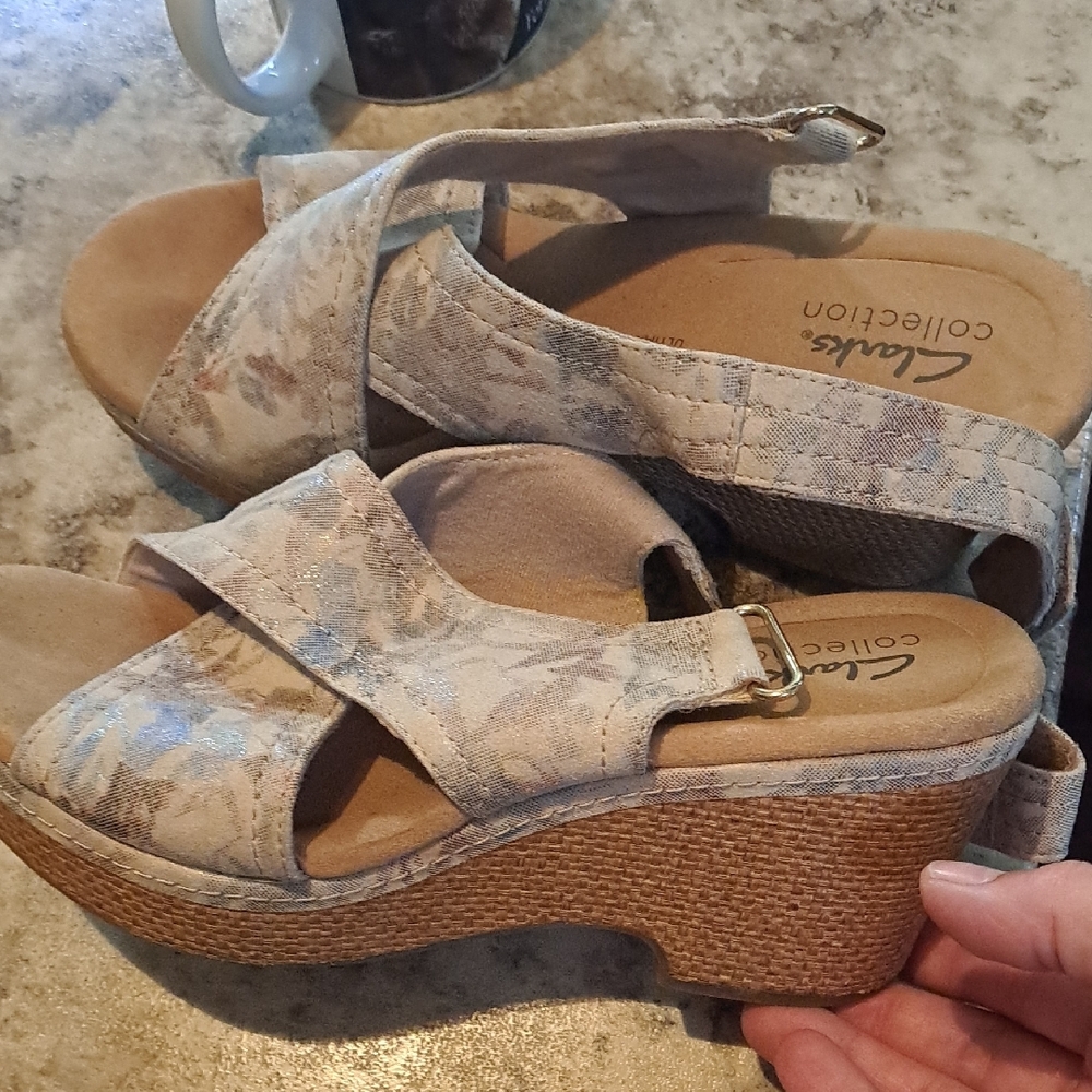 Clarks Cream Wedge Sandals with Crossover Straps